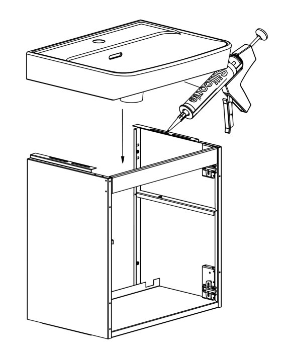 Illustration av ett spånskivskåp med ett ovanpåliggande tvättställ och en silikonpistol som indikerar ihopkoppling.