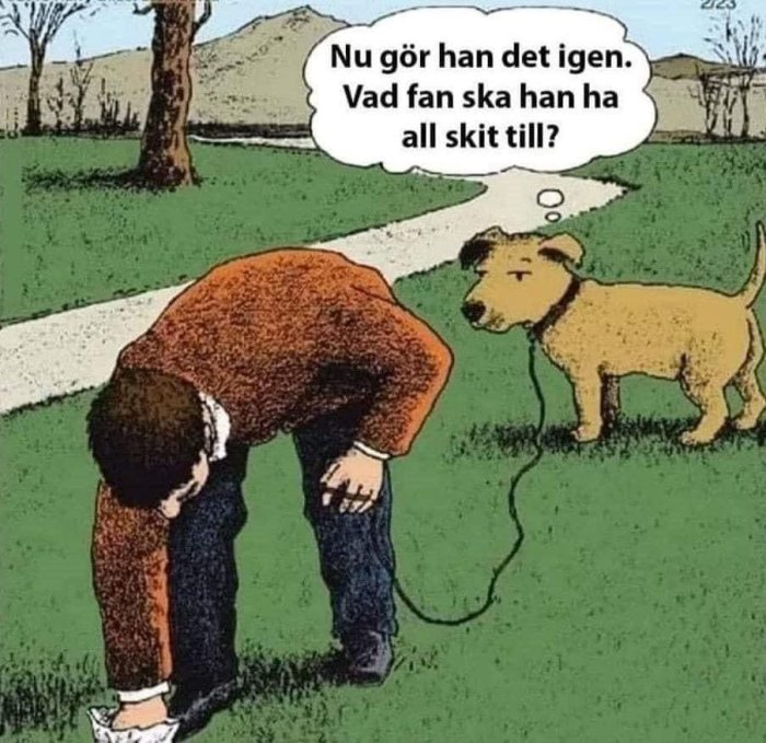 Illustration av en person som böjer sig ned bredvid en hund med en pratbubbla från hunden.