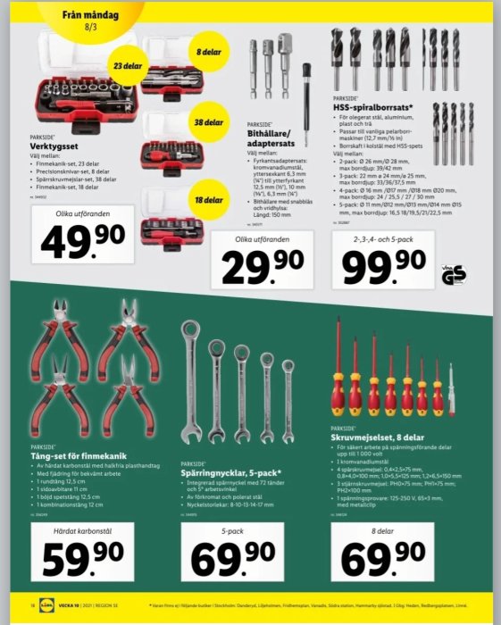 Reklamblad för verktyg med olika verktygsset och borrset från Lidl, inklusive priser och produktdetaljer.