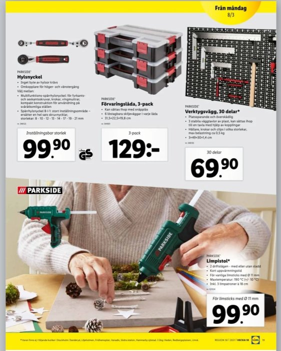 Reklamblad för Lidl visar verktyg: hylsnycklar, förvaringslådor, pegboard och en person som använder en limpistol.