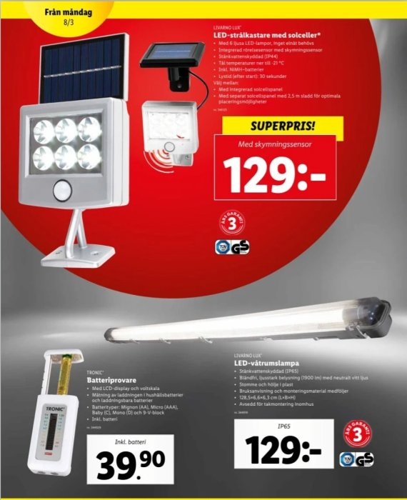 Reklamblad visar LED-strålkastare, batteriprovare och vattentät LED-lampa från Lidl med priser.