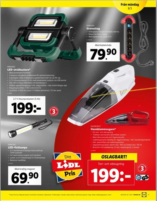 Reklamblad från Lidl med LED-strålkastare, grenuttag och handdammsugare mot röd bakgrund.