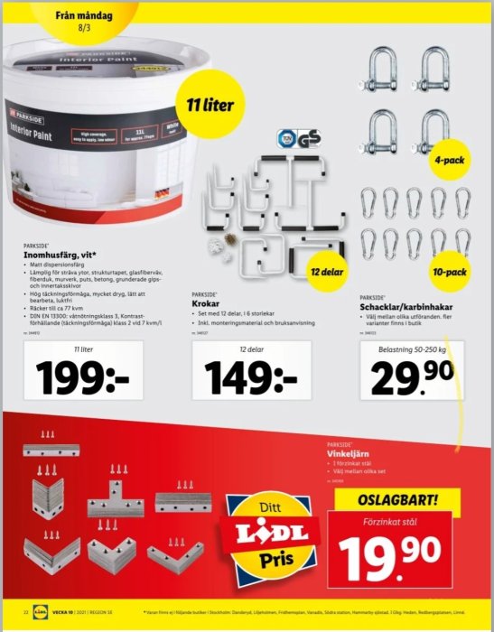 Reklamblad från Lidl med erbjudanden på inomhusfärg, krokar och karbinhakar samt vinkeljärn.