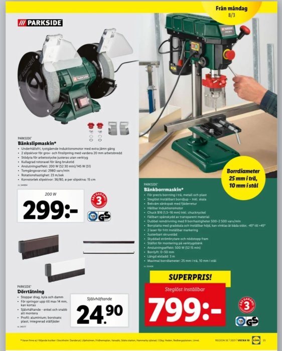 Reklamblad för Lidl med bilder på en bänkslipmaskin och en bänkborrmaskin samt en dörrtätning, med priser och tekniska detaljer.