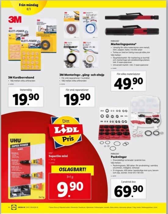 Reklamblad från Lidl med erbjudanden på verktyg och tillbehör som markeringsspenna, superlim och packningar.