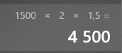 Skärmdump av Windows-kalkylator visar beräkningen 1500 gånger 2 gånger 1,5 med resultatet 4500.