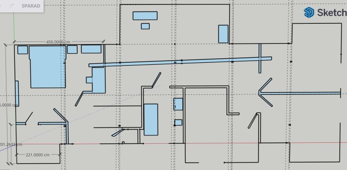 Arkitektritning av en övervåningsplan med snedtak, takbjälkar och planerad takkupa.