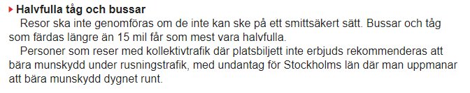 Skärmdump av Aftonbladets nyhetsartikel om munskydd i kollektivtrafik och rekommendationer om halvfulla tåg och bussar.