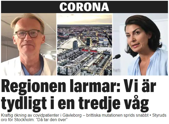 Nyhetssida om tredje vågen av COVID-19 med bilder på en man, en överblick av en stad och en kvinna.