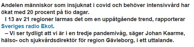 En skärmbild av en nyhetsartikel som rapporterar om en ökning av COVID-19-fall och en möjlig tredje våg.
