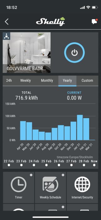 En skärmdump av en energiförbrukningsapp för golvvärme, visar 716.9 kWh totalt, och ett badrum.