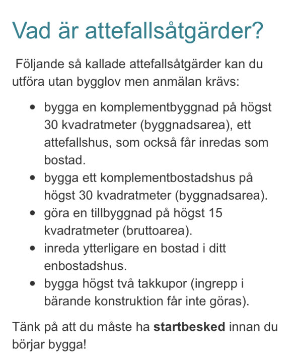 Textdokument med information om regler för attefallsåtgärder som inte kräver bygglov.