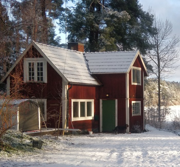 Rödmålat torp från 1800-talet med snö på taket och vinterskog i bakgrunden.