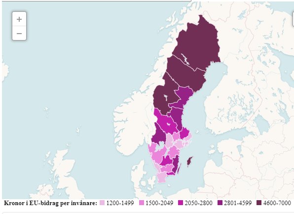 Karta över Sverige som visar EU-bidrag per invånare i olika län med färgkodning som indikerar bidragens storlek.