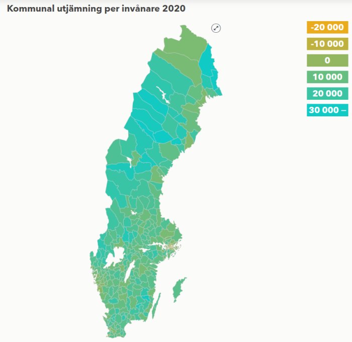 Karta över Sverige som visar kommunal utjämning per invånare 2020 med olika färgkoder för nettobidrag eller -mottagande.