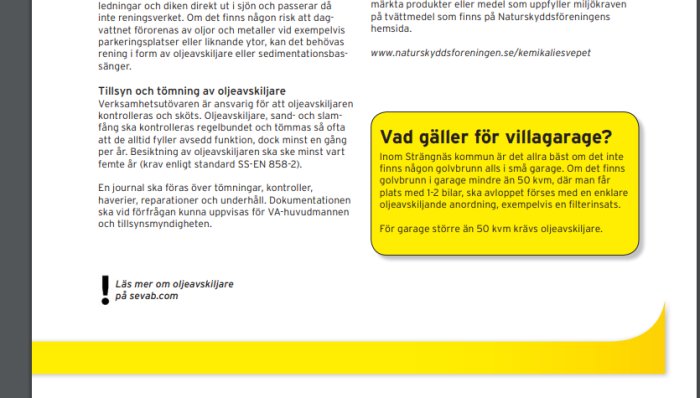 Skärmdump av en diskussionstråd med text om oljeavskiljare och golvbrunnar i garage samt länkar till ytterligare information.