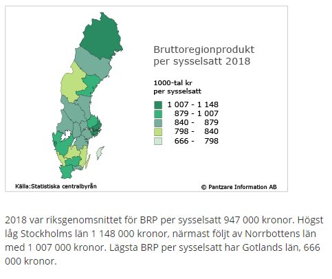 Karta över Sverige som visar bruttoregionprodukt per sysselsatt 2018 med olika gröna nyanser för olika inkomstintervall.