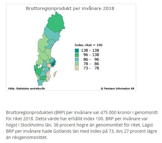 Karta över Sverige som visar Bruttoregionprodukt per invånare 2018 med olika färgkoder för varje region.