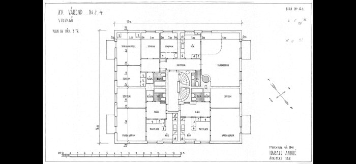 Arkitektritning av en våningsplan med beteckningen KV. VÄREND Nr 4 från 1946 visande rum och mått.