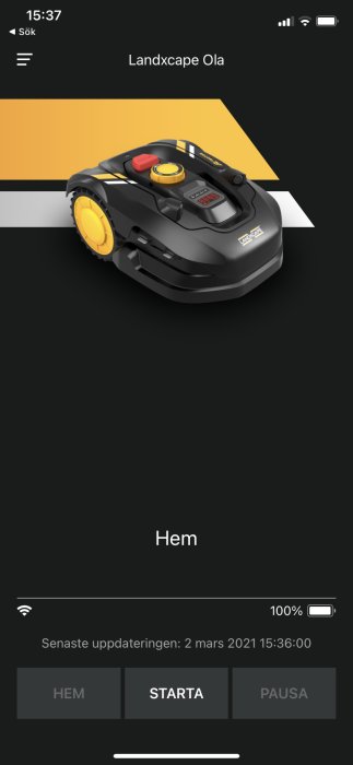App för robotgräsklippare visar 'Landxcape Ola' med 100% batterinivå och sista uppdatering 2 mars.