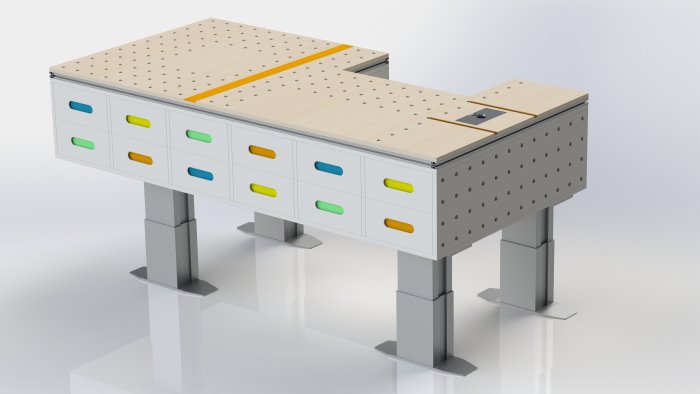 3D-rendering av en anpassad arbetsbänk med lika breda lådor och aluminiumprofiler.