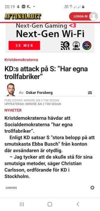 Skärmbild från Aftonbladet artikel om Kristdemokraternas påståenden rörande Socialdemokraterna.