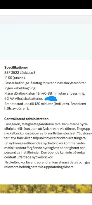 Skärmavbild av produktblad med specifikationer för Yale Doorman v3 elektroniskt lås.