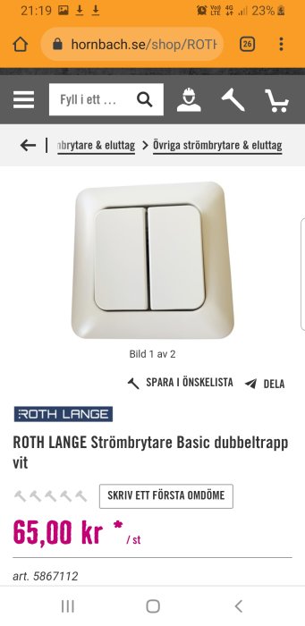 Vit dubbeltrapp strömbrytare från Roth Lange på en produktlista.