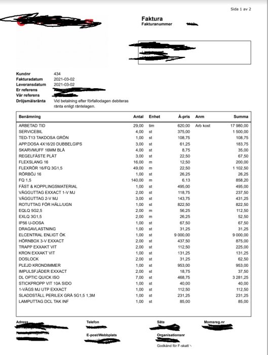 En faktura med posteringar för elektriska installationer, inklusive en post för ett proppskåp för 9000 kr.