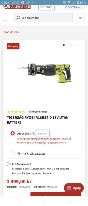 Ryobi R18RS7-0 18V tigersåg utan batteri på rea, pris 1499 kr, spara 496 kr, visad i en webbshop.