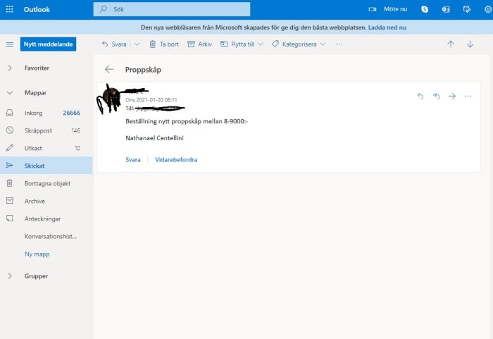 Skärmbild av ett öppet e-postmeddelande i Outlook med en beställning av ett proppskåp.