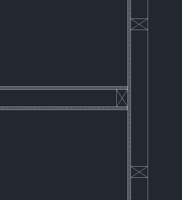Teknisk ritning av hur två innerväggar möts i ett T-format utförande med visad regelstruktur.
