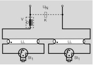 Elektriskt schema med två glödlampor, drossel och en brytare, indikerar koppling och funktion.