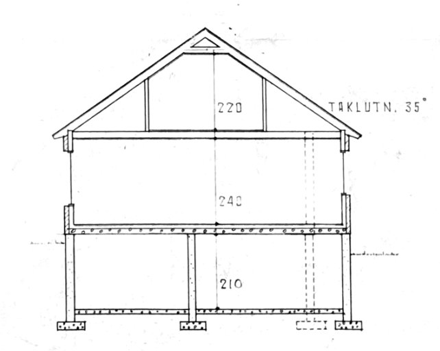 Ritning av småhus i snitt med måttangivelser och taklutning på 35 grader.