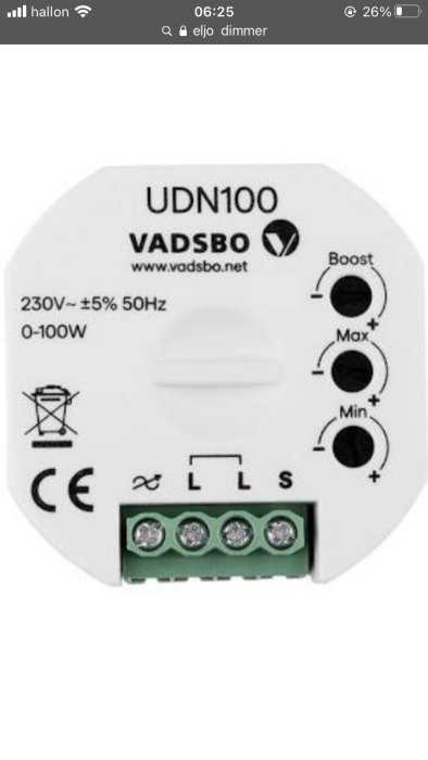 Eljo-dimmermodell UDN100 från Vadsbo med S, L och N-terminaler och justeringsrattar för belysningsnivå.