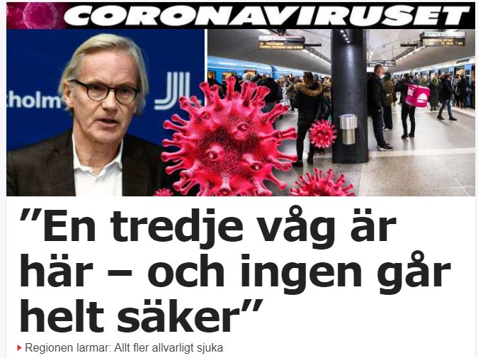 Logotyp för Coronaviruset, bild av en man, 3D-illustration av viruspartiklar, och en folksamling i en tunnelbanestation med rubriken "En tredje våg är här - och ingen går helt säker".