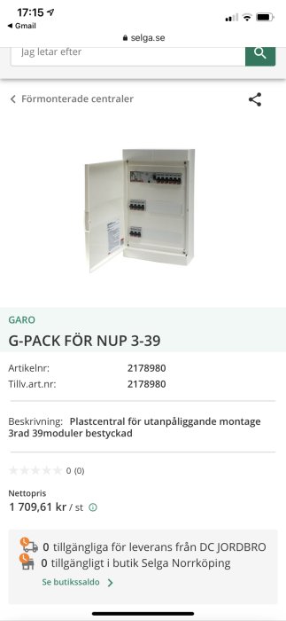 En skärmdump av en webbsida som visar en öppen GARO elcentral, G-PACK för NUP 3-39, med beskrivning och pris på 1709,61 kr från Selga.