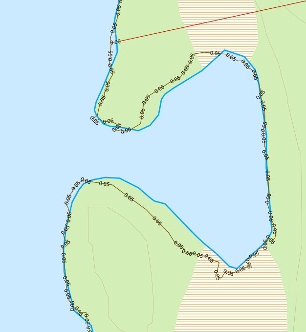 Kartbild som visar oregelbundna gränser markerade med blå linje och texten 0,05 för medelfel.