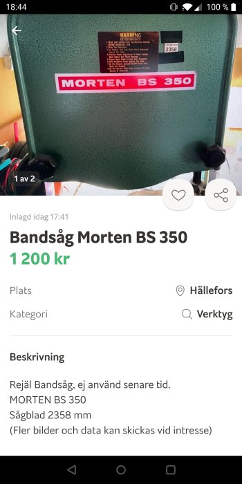 Grön bandsåg Morten BS 350 med varningsetikett och måttindikation, i en verkstadsmiljö.