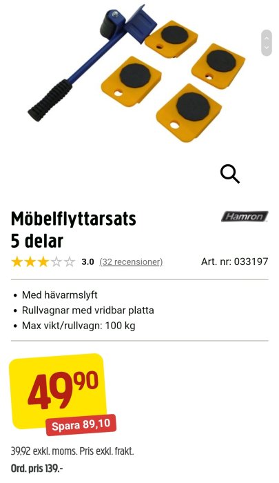 Möbelflyttarsats med hävarm och fyra gula rullvagnar, prissatt till 49,90 kronor.