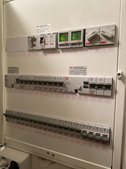 Elektriskt skåp med säkringar och energimätare, etiketter och ställbara timers.