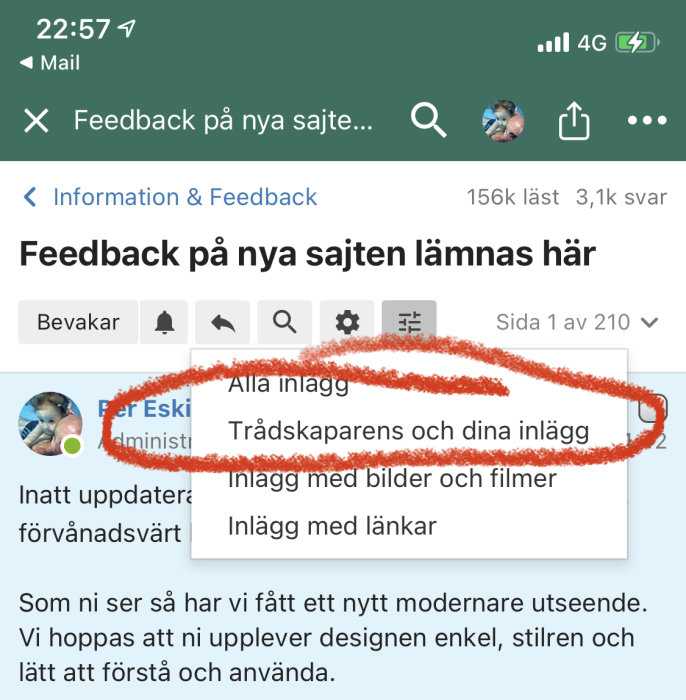 Skärmdump av diskussionsforum visar filteralternativet "Trådskaparens och dina inlägg" markerat med röd cirkel.