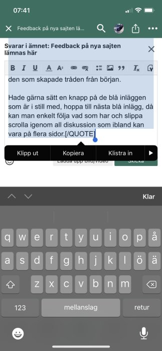 Skärmdump från iPhone visar öppnad svarsruta i diskussionsforum med markering och textredigeringsmeny.