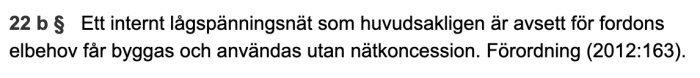 Textutdrag från IKN-förordningen om interna lågspänningsnät utan nät­kons­cession.