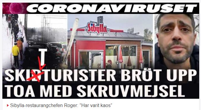 Skärmbild av en nyhetsartikel om skidturister som brutit upp en toalett, inkluderar bild av en Sibylla-restaurang och en bekymrad man.