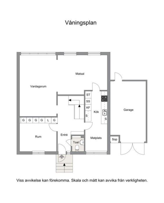 Planritning av ett enplanshus från 1973 med vardagsrum, kök, matsal, rum, toalett och garage markerade.