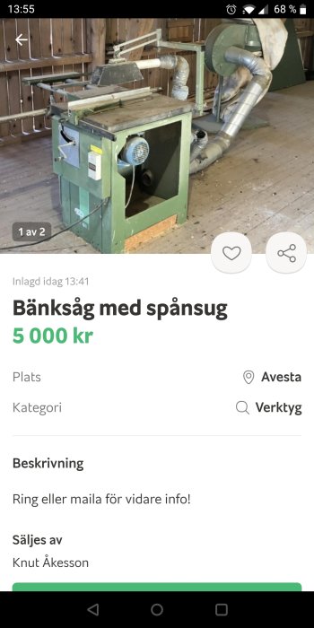 Begagnad Ejca L18 bänksåg med spånsugssystem i en verkstadslokal, prissatt till 5 000 kr.