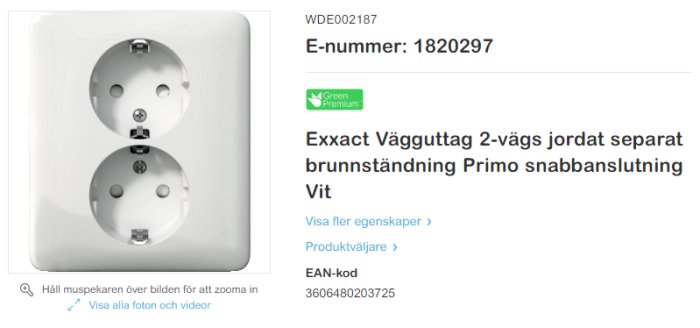 Vägguttag Exxact 2-vägs jordat med separat brunnstänndning, Primo snabbanslutning i vit färg med e-nummer och EAN-kod.