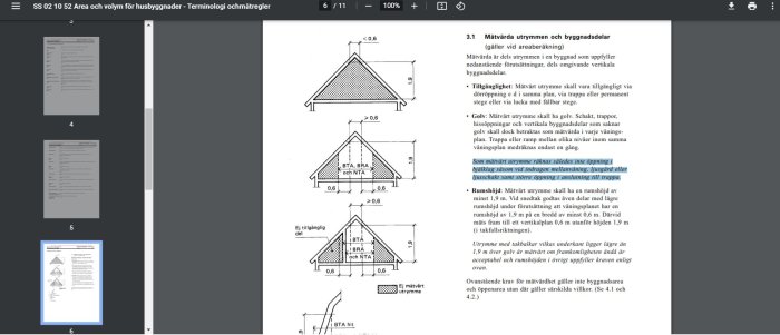 Skärmklipp av dokument om area och volym för husbyggnader med diagram och definitioner.