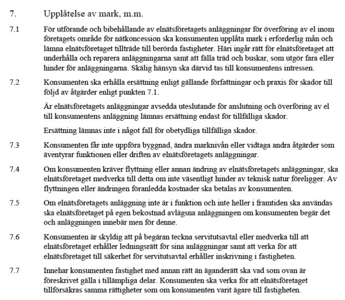 Skärmdump av avtalssektion 7 som omfattar punkterna 7.1 till 7.7, om upplåtelse av mark m.m. relaterat till elnät.